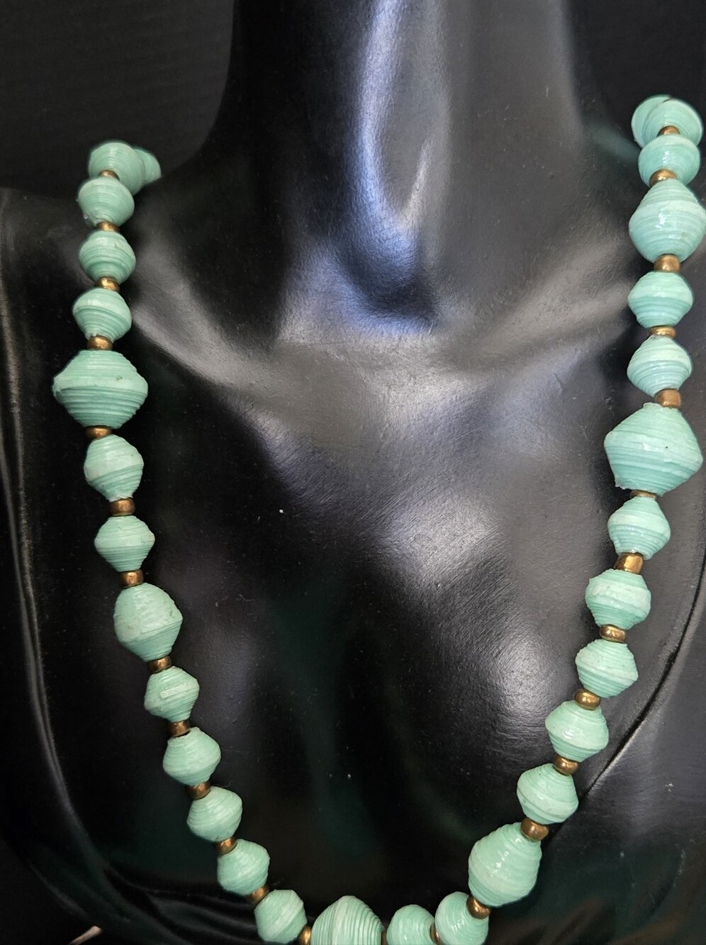 Paper Bead Strand Necklace - Aqua Green Statement Necklace